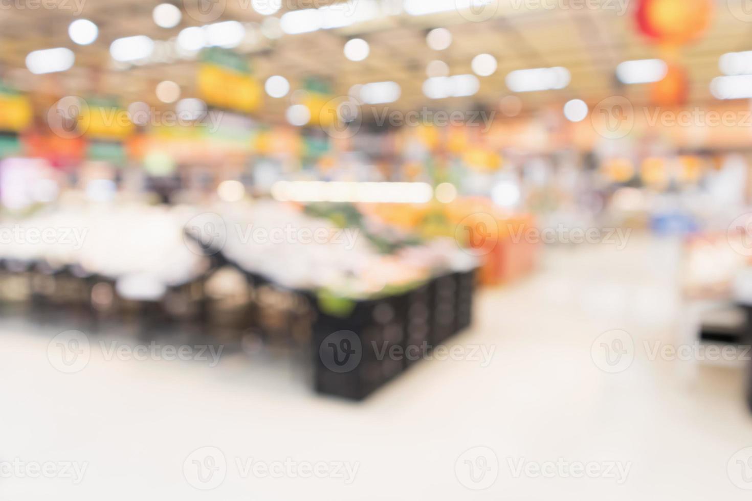 Abstrakter Supermarkt-Lebensmittelladen verschwommener defokussierter Hintergrund mit Bokeh-Licht foto