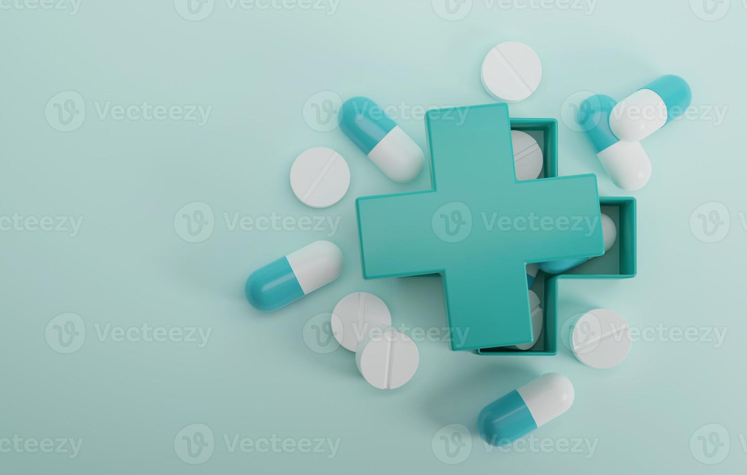 Gruppe von Antibiotika-Pillenkapseln und Pillen, die um eine Pflegebox auf hellgrünem Hintergrund verstreut sind. 3D-Darstellung, 3D-Rendering foto