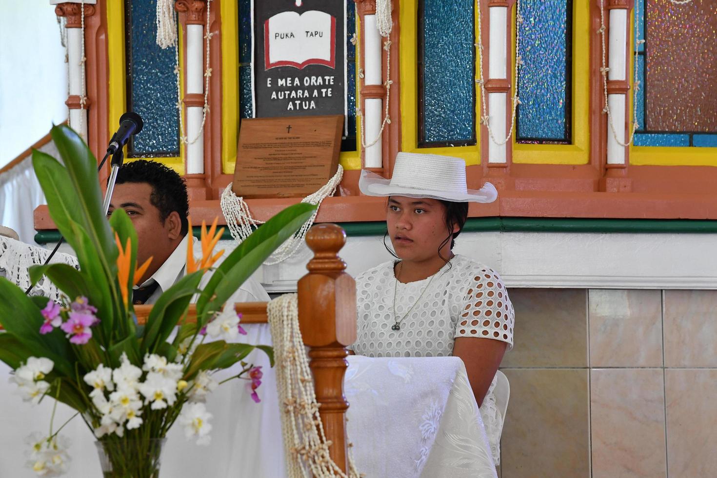 Aitutaki, Cookinsel - 27. August 2017 - Einheimische bei der Messe foto