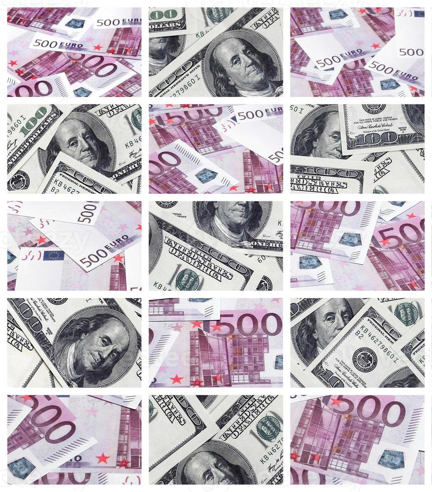 eine Collage aus vielen Bildern von Euro-Banknoten im Wert von 100 und 500 Euro, die auf dem Haufen liegen foto