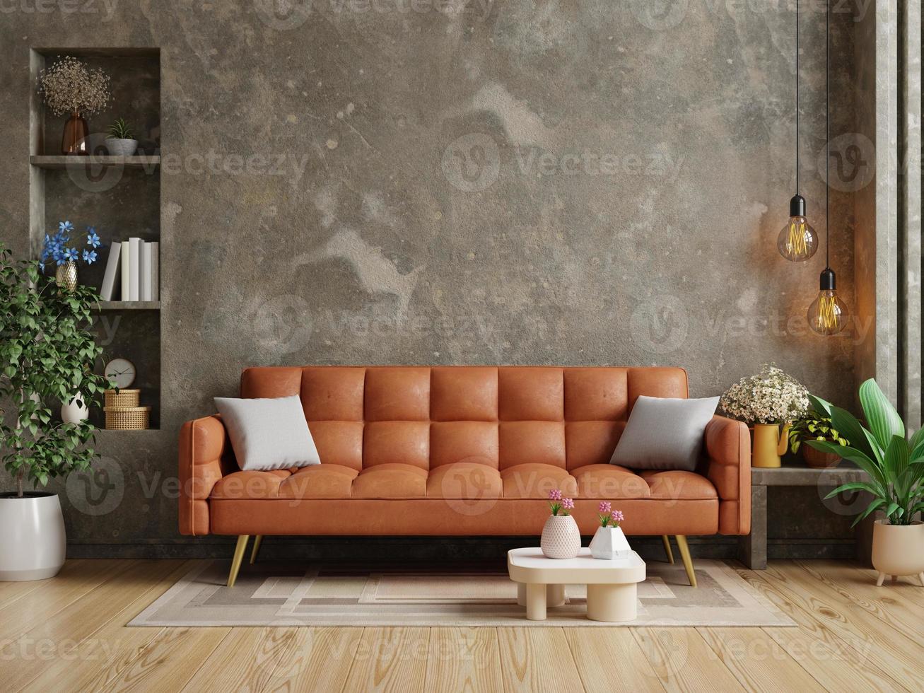 Wohnzimmer im Loft mit orangefarbenem Ledersofa und minimaler Dekoration an der Betonwand. 3D-Darstellungswiedergabe foto