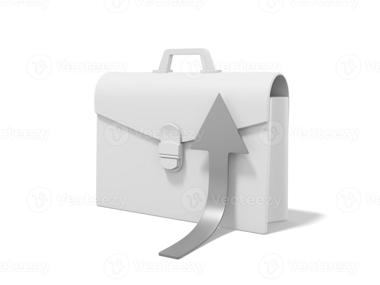 weiße Aktentasche mit steigendem Silberpfeil auf weißem Hintergrund. Portfolio-Symbol. 3D-Rendering. foto