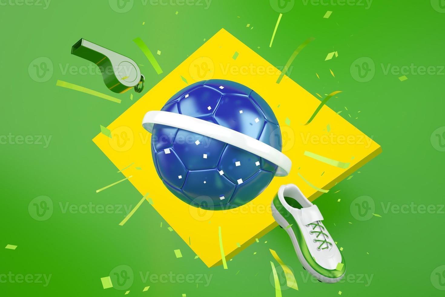 fußballbälle objekt, sportballdesign, fußballelement brasilien farbkonzept, 3d illustration, abstrakte fußballtechnologie, smartphone mobil, grüner hintergrund, online sport live, brasilien flagge foto