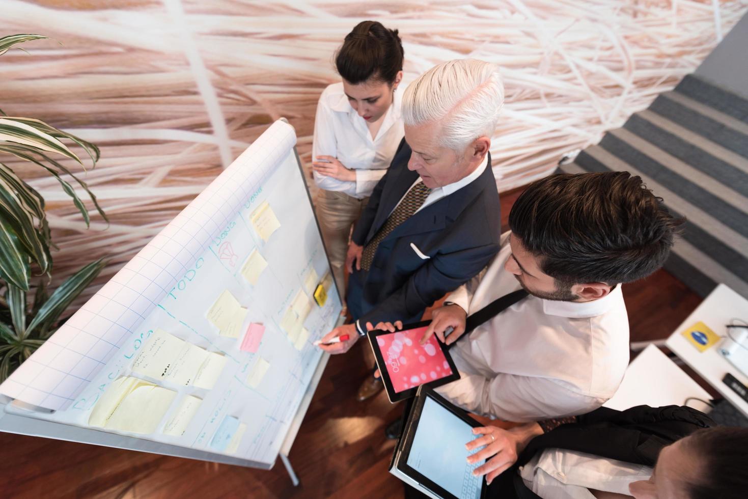 Geschäftsleute gruppieren Brainstorming und machen sich Notizen zum Flipboard foto