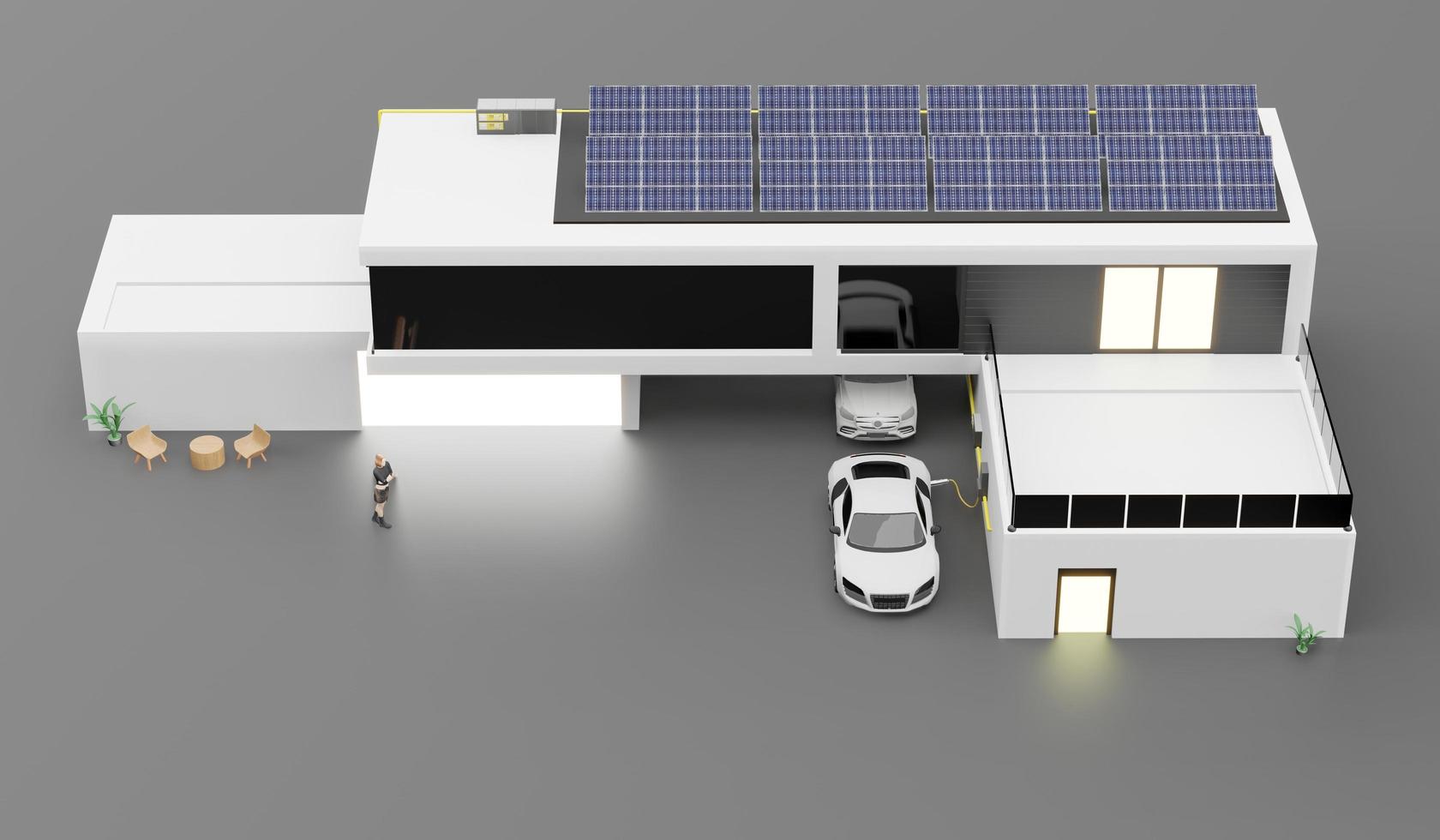 ladegerät elektroauto im gebäude hausdach und sonnenkollektoren smart home solar photovoltaik 3d illustration foto