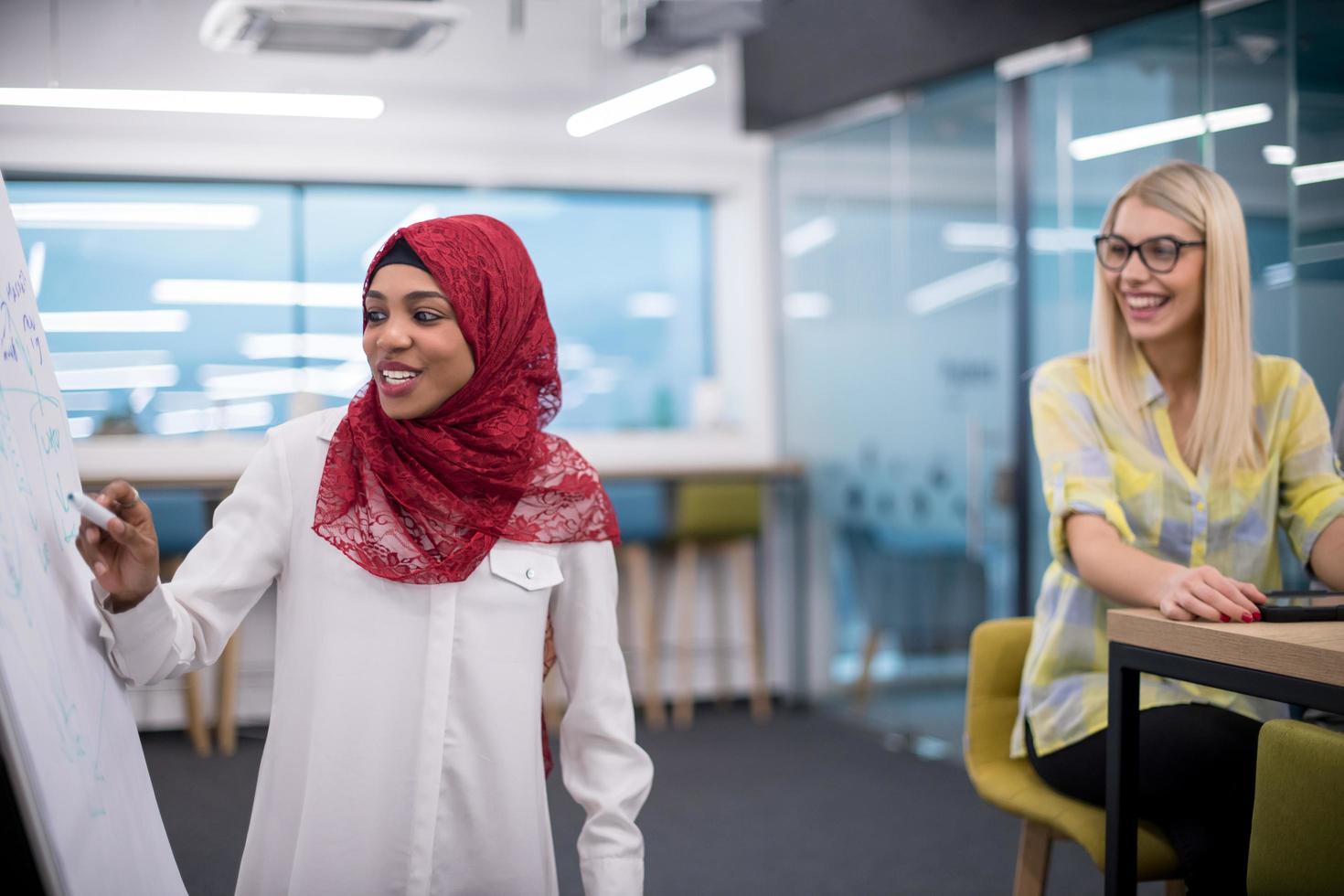 muslimische geschäftsfrau, die präsentationen im büro gibt foto