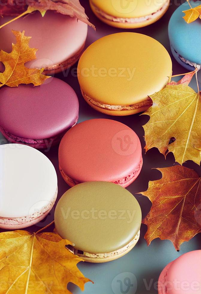 Makronen-Zusammensetzung. rahmen aus herbstbeeren und macarons. Herbst, Herbstkonzept. flache Lage, Draufsicht, Kopierbereich foto