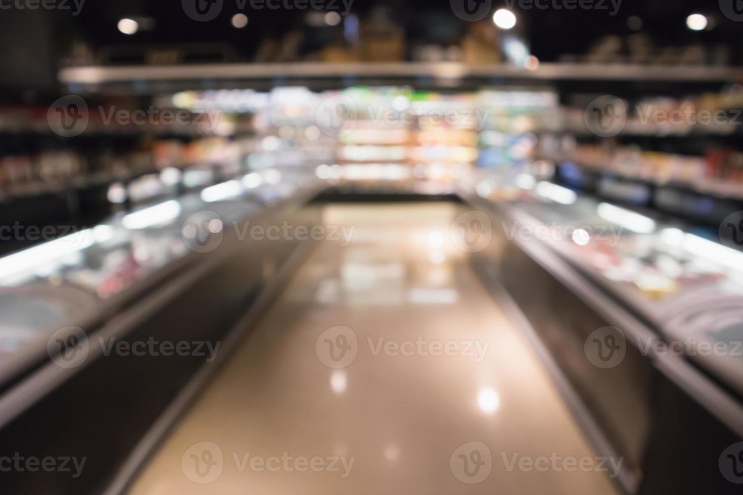 abstrakter Supermarkt-Lebensmittelgeschäft-Kühlschrank verschwommener, defokussierter Hintergrund mit Bokeh-Licht foto