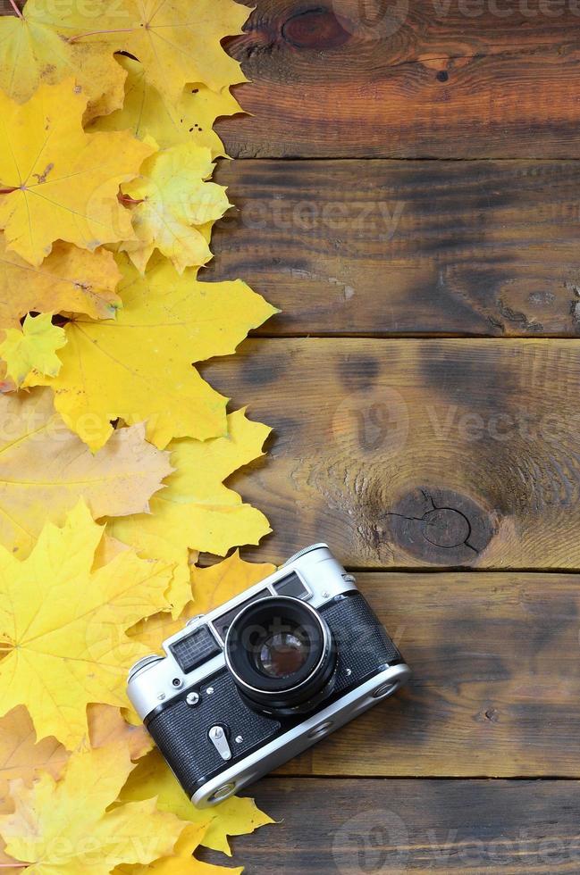 die alte kamera unter einer reihe von vergilbten gefallenen herbstblättern auf einer hintergrundoberfläche aus natürlichen holzbrettern von dunkelbrauner farbe foto