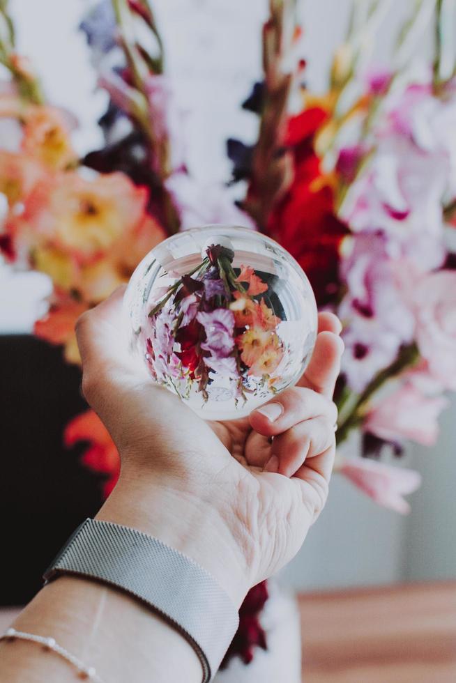 Person, die Linsenball vor Blumen hält foto