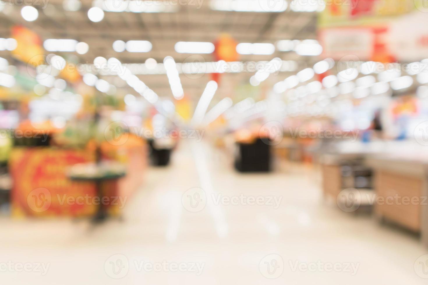 Abstrakter Supermarkt-Lebensmittelladen verschwommener defokussierter Hintergrund mit Bokeh-Licht foto