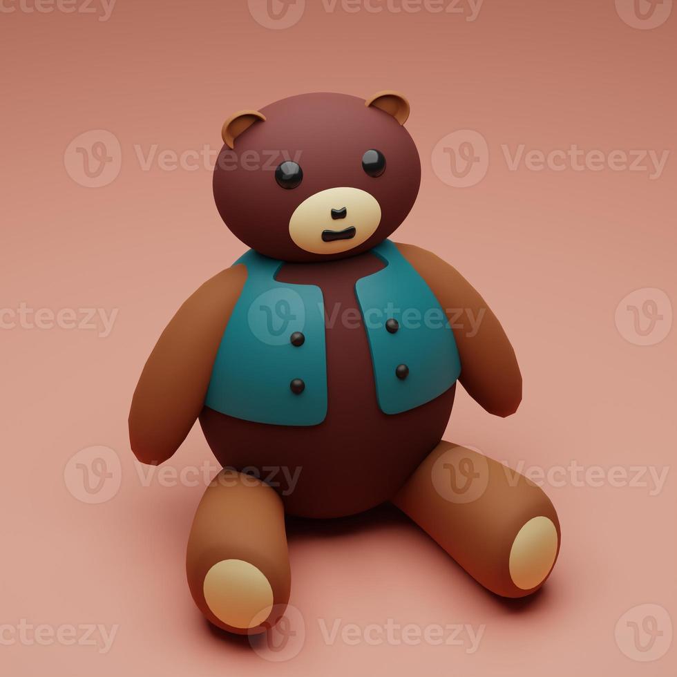 3D-gerenderter süßer Teddybär mit blauer Weste, perfekt für Designprojekte foto