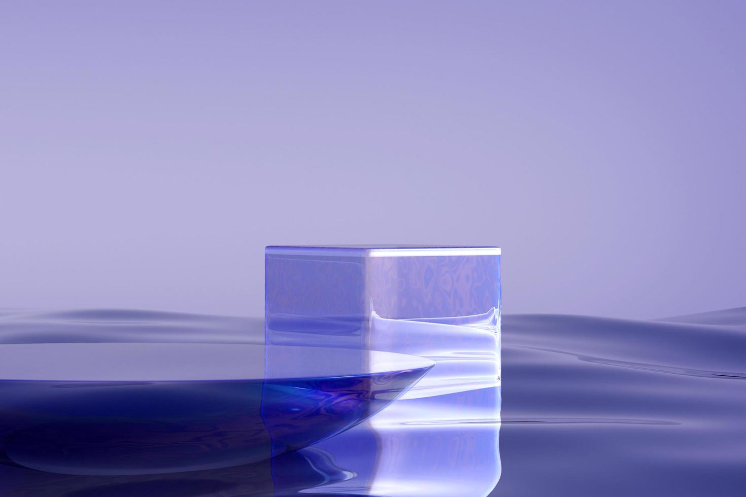 Glaspodium auf Hintergrund des blauen Wassers. foto