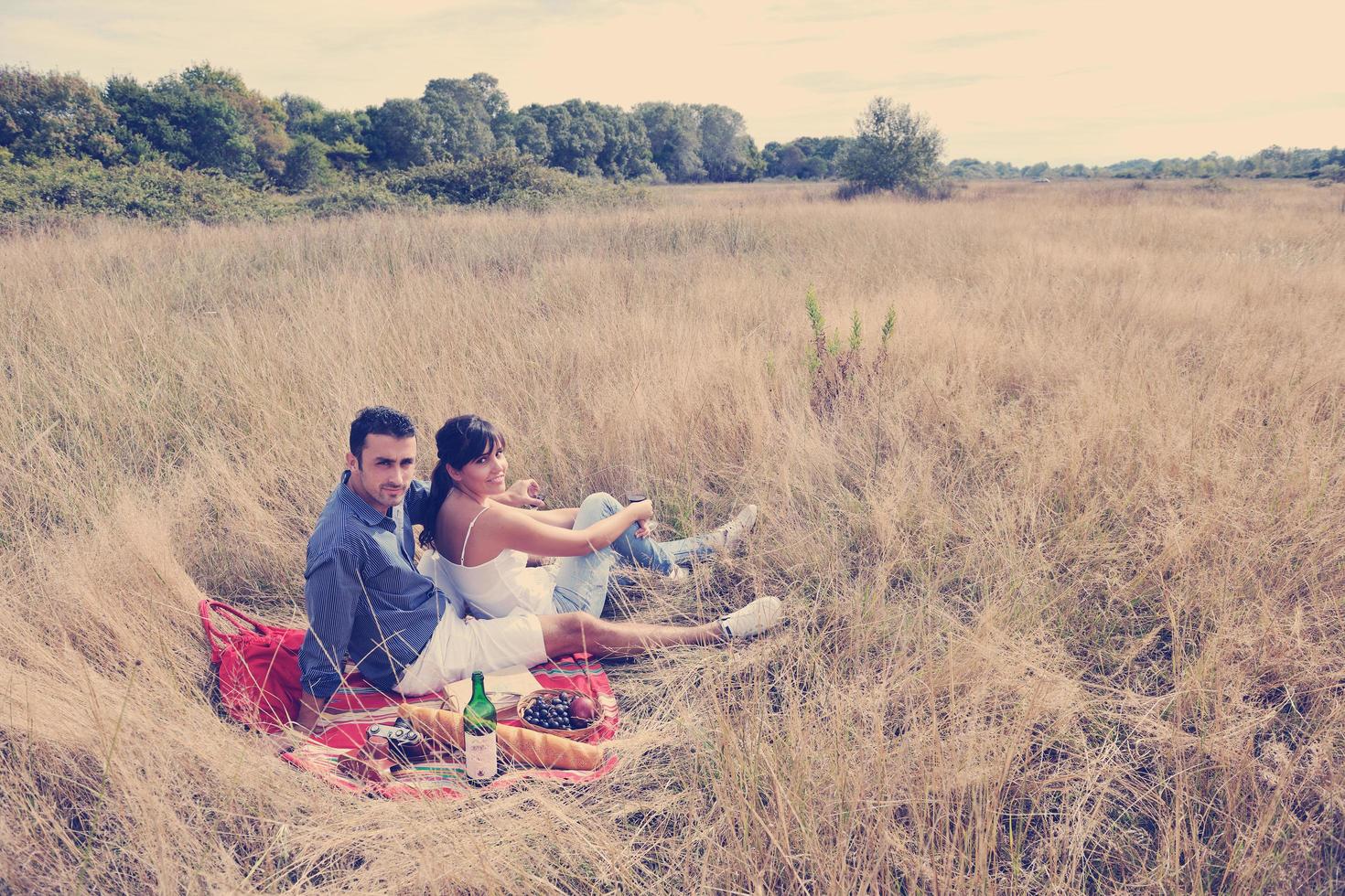 glückliches Paar, das ein Picknick auf dem Land im langen Gras genießt foto