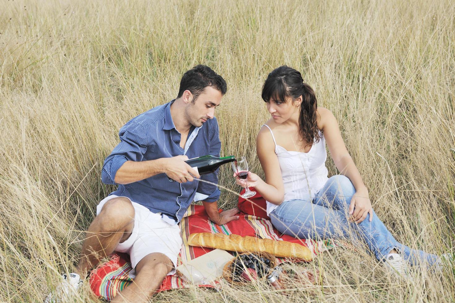 glückliches Paar, das ein Picknick auf dem Land im langen Gras genießt foto