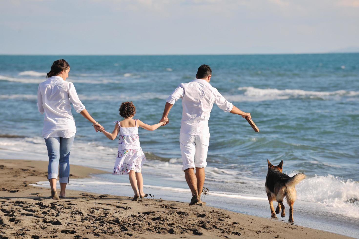 glückliche familie, die mit hund am strand spielt foto