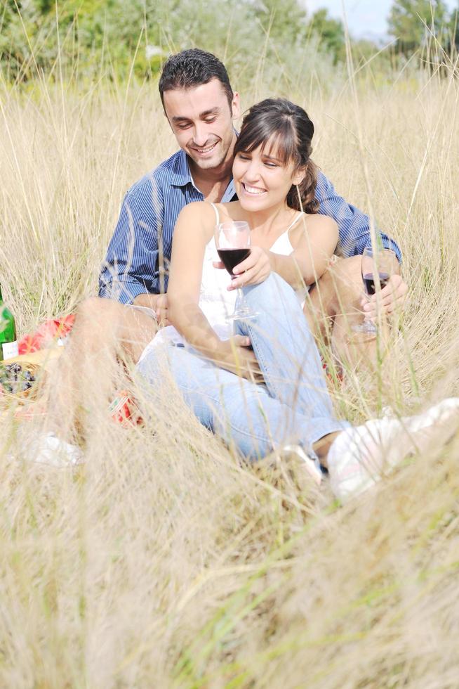 glückliches Paar, das ein Picknick auf dem Land im langen Gras genießt foto