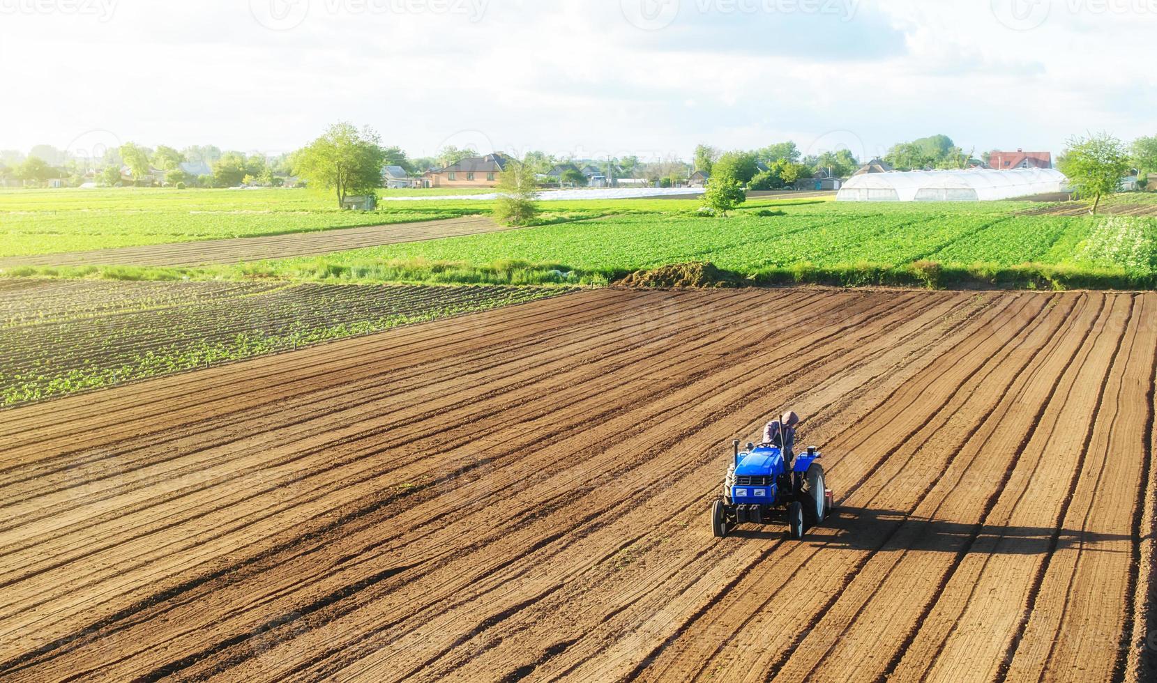 Ein Bauer auf einem Traktor bearbeitet ein Feld. Kultivieren von Landboden für die weitere Bepflanzung. Lockerung, Verbesserung der Bodenqualität. Lebensmittelproduktion auf Gemüseplantagen. Landwirtschaft und Ackerbau. foto