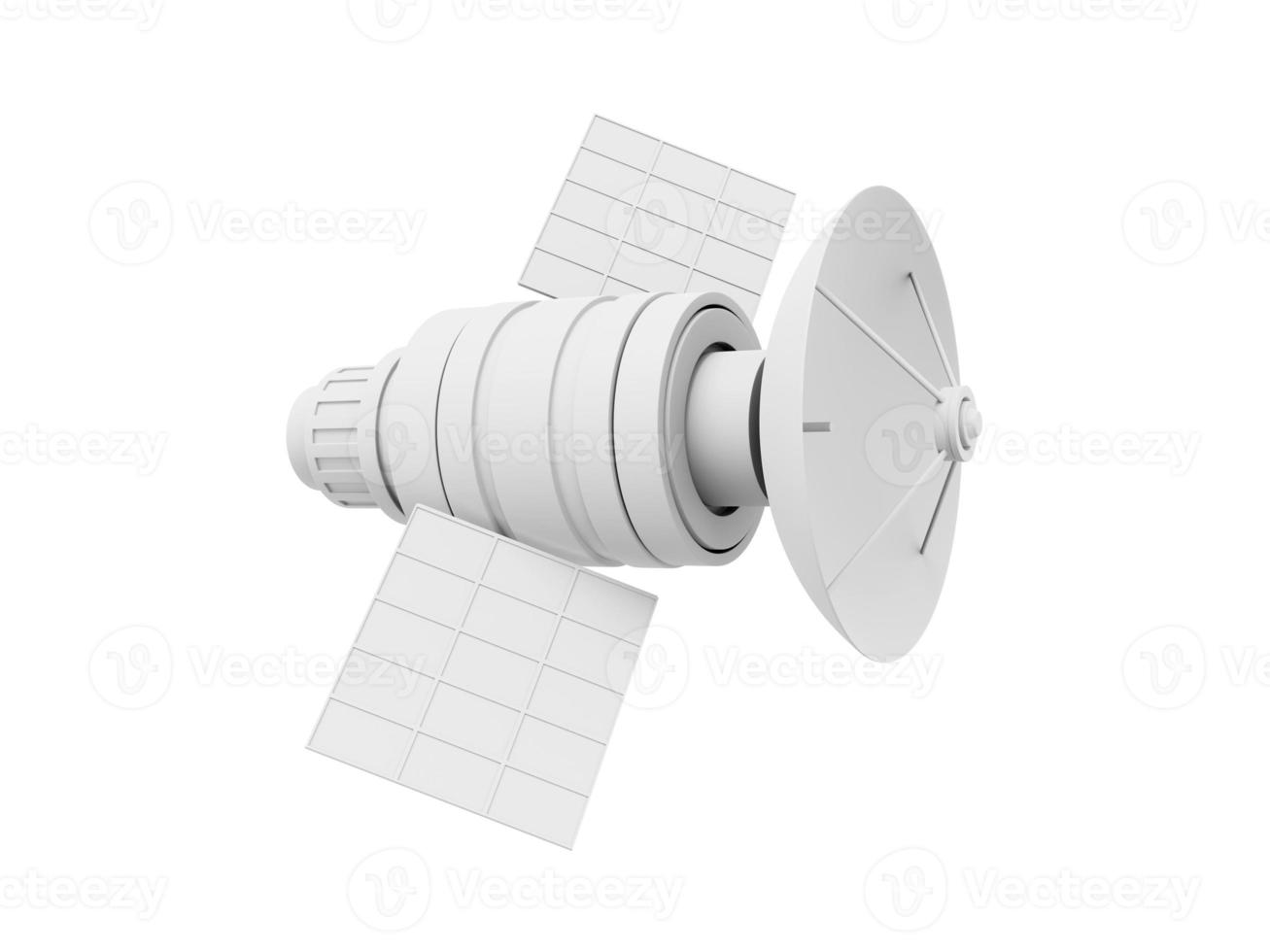 Weltraumsatellit mit Antenne. orbitale Kommunikationsstation, Aufklärung, Forschung. 3D-Rendering. realistisches weißes Symbol auf weißem Hintergrund foto