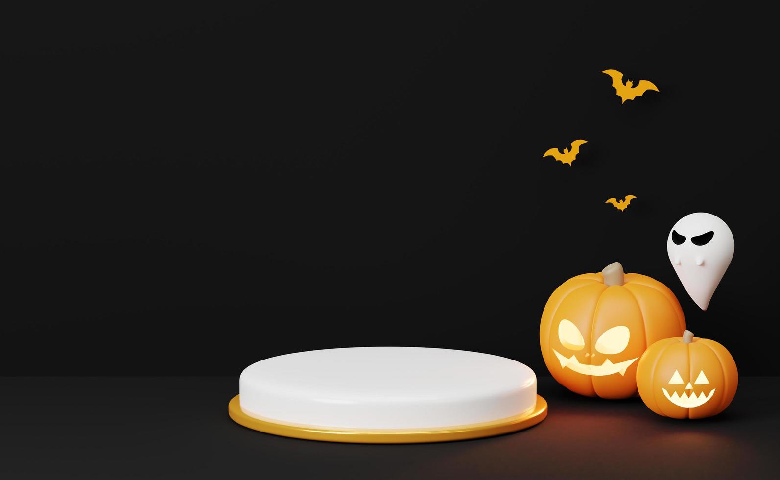 3D-Halloween-Podium-Show-Produkt auf schwarzem Hintergrund mit Kürbis und Geist. fröhlicher Halloween-Hintergrund. 3D-Rendering foto