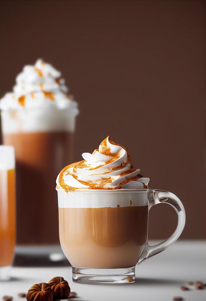 3D-Darstellung Pumpkin Spice Latte in Glasbecher mit Schlagsahne foto