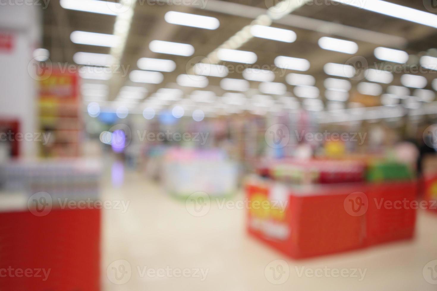 Abstrakter Supermarkt-Lebensmittelladen verschwommener defokussierter Hintergrund mit Bokeh-Licht foto