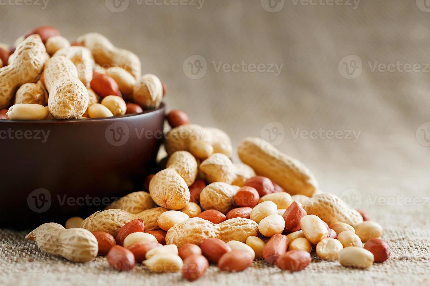 Erdnüsse in der Schale und geschälte Nahaufnahme in Tassen. geröstete Erdnüsse in ihren Schalen und gegen ein braunes Tuch geschält. foto