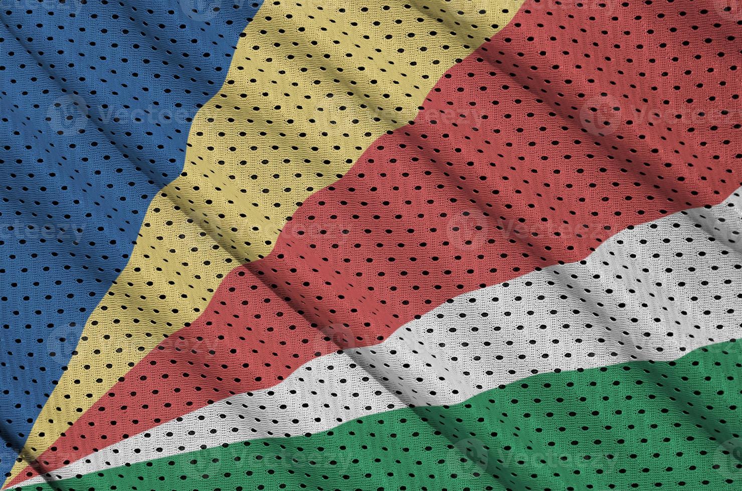 Seychellen-Flagge gedruckt auf einem Polyester-Nylon-Sportswear-Mesh-Gewebe foto