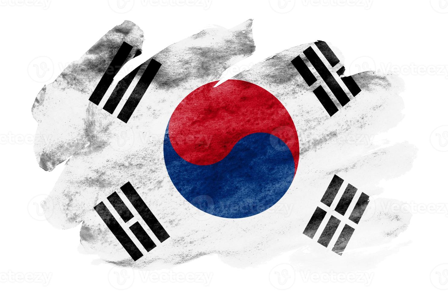 Südkorea-Flagge ist in flüssigem Aquarellstil isoliert auf weißem Hintergrund dargestellt foto