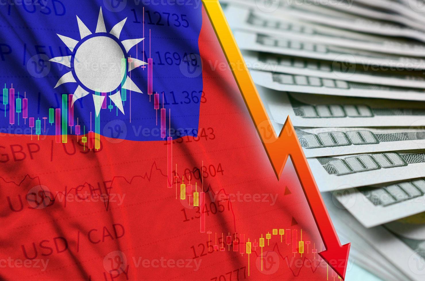 taiwan-flagge und diagramm, das us-dollar-position mit einem fan von dollarnoten fällt foto