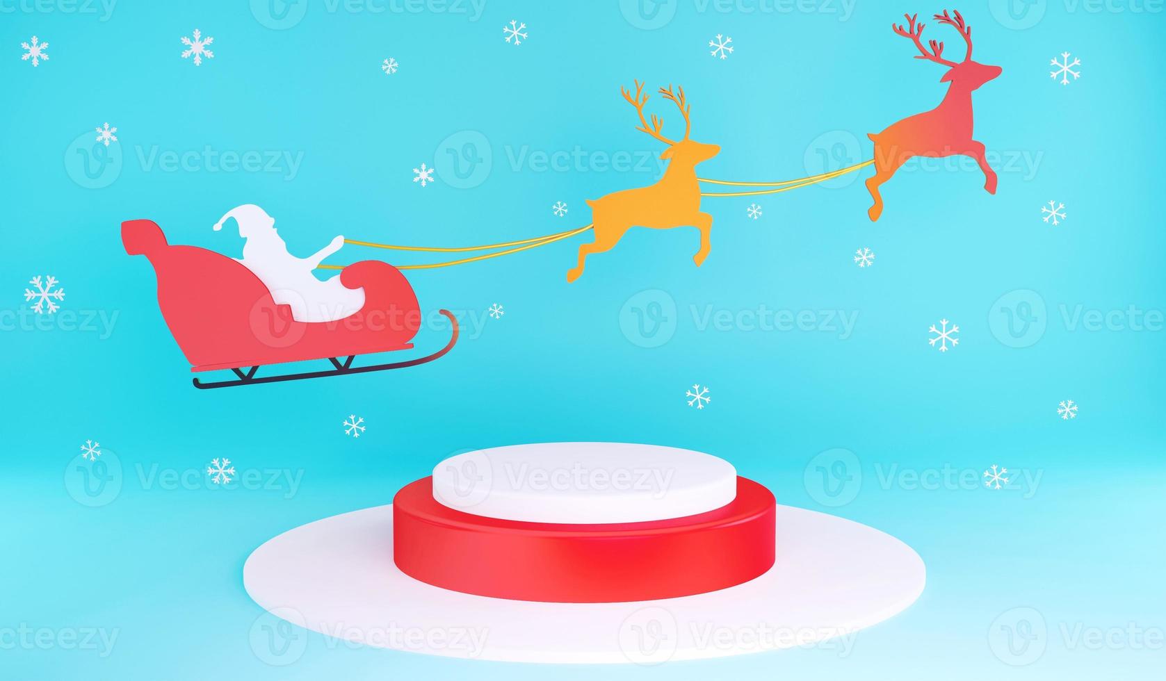 3d-rendering weihnachtspodium und weihnachtsschlittenkulisse auf schneeflockenhintergrund, 3d-illustration weihnachtsfestkonzept für produktpräsentation foto