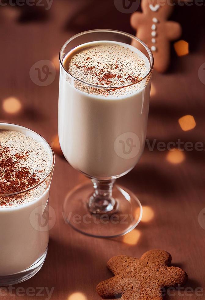 3D-Darstellung von Eierlikör in Glas, Zimt, Lebkuchen foto