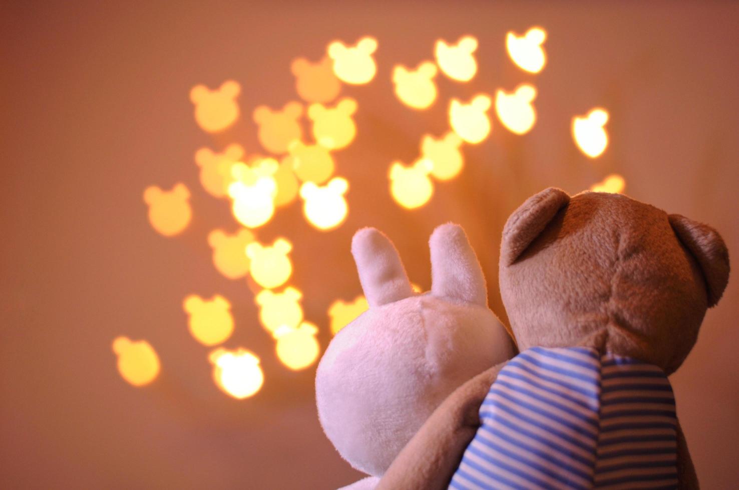 Teddybär- und Hasenpuppen, die als Liebhaber fungieren, sitzen zusammen, um zu sehen, wie Bären bokeh hellen Hintergrund formen, der Platz für Text hat. foto