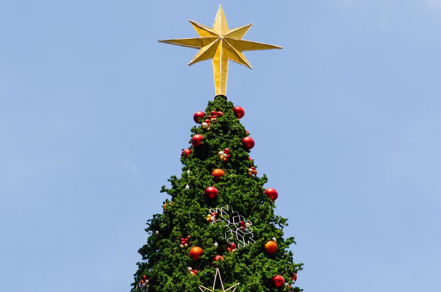 Sternverzierung setzt auf die Spitze des großen Weihnachtsbaums mit bunten Kugeln und anderen Verzierungen. foto