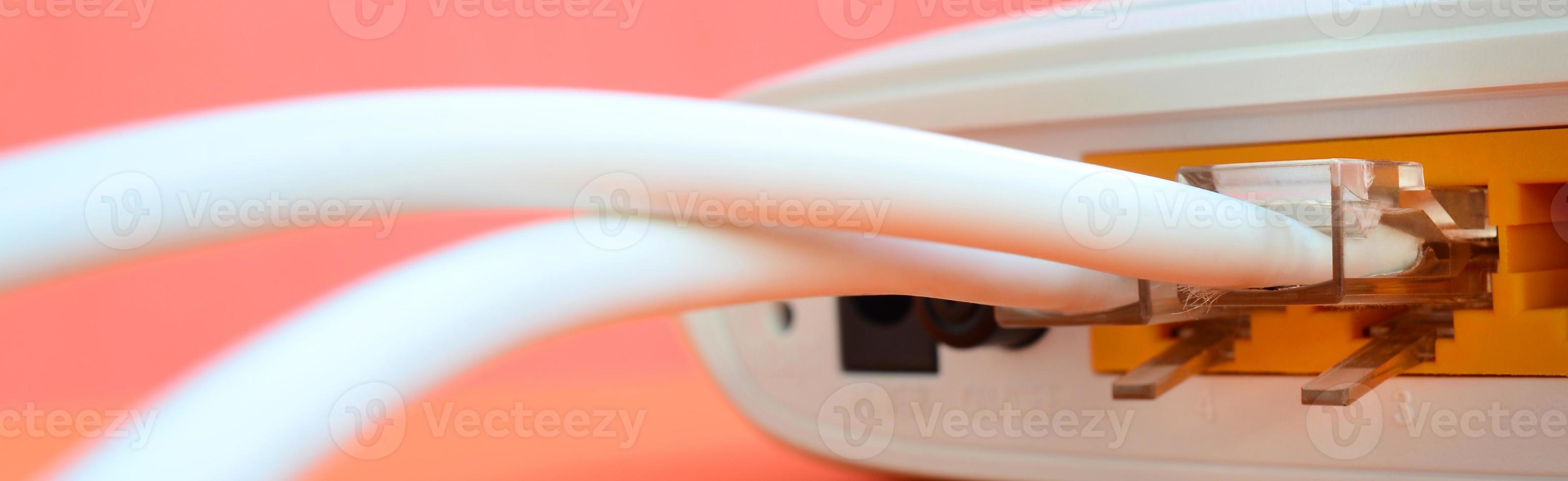 Die Internetkabelstecker sind mit dem Internetrouter verbunden, der auf einem leuchtend orangefarbenen Hintergrund liegt. Elemente, die für die Internetverbindung erforderlich sind foto