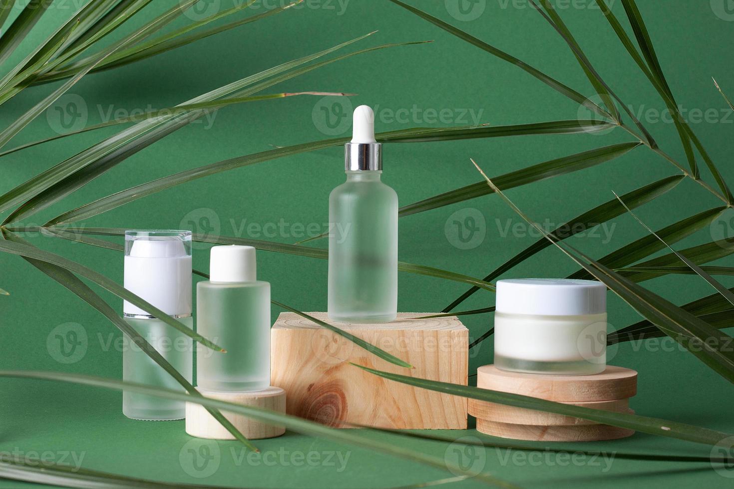 kosmetische hautpflegeprodukte mit holzpodium und palmblatt auf grünem hintergrund. nahaufnahme, kopierraum foto