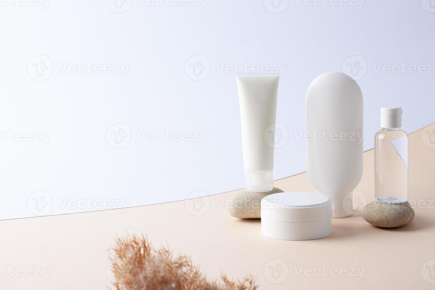 kosmetische hautpflegeprodukte mit pampas und steinen auf weißem hintergrund. nahaufnahme, kopierraum. foto
