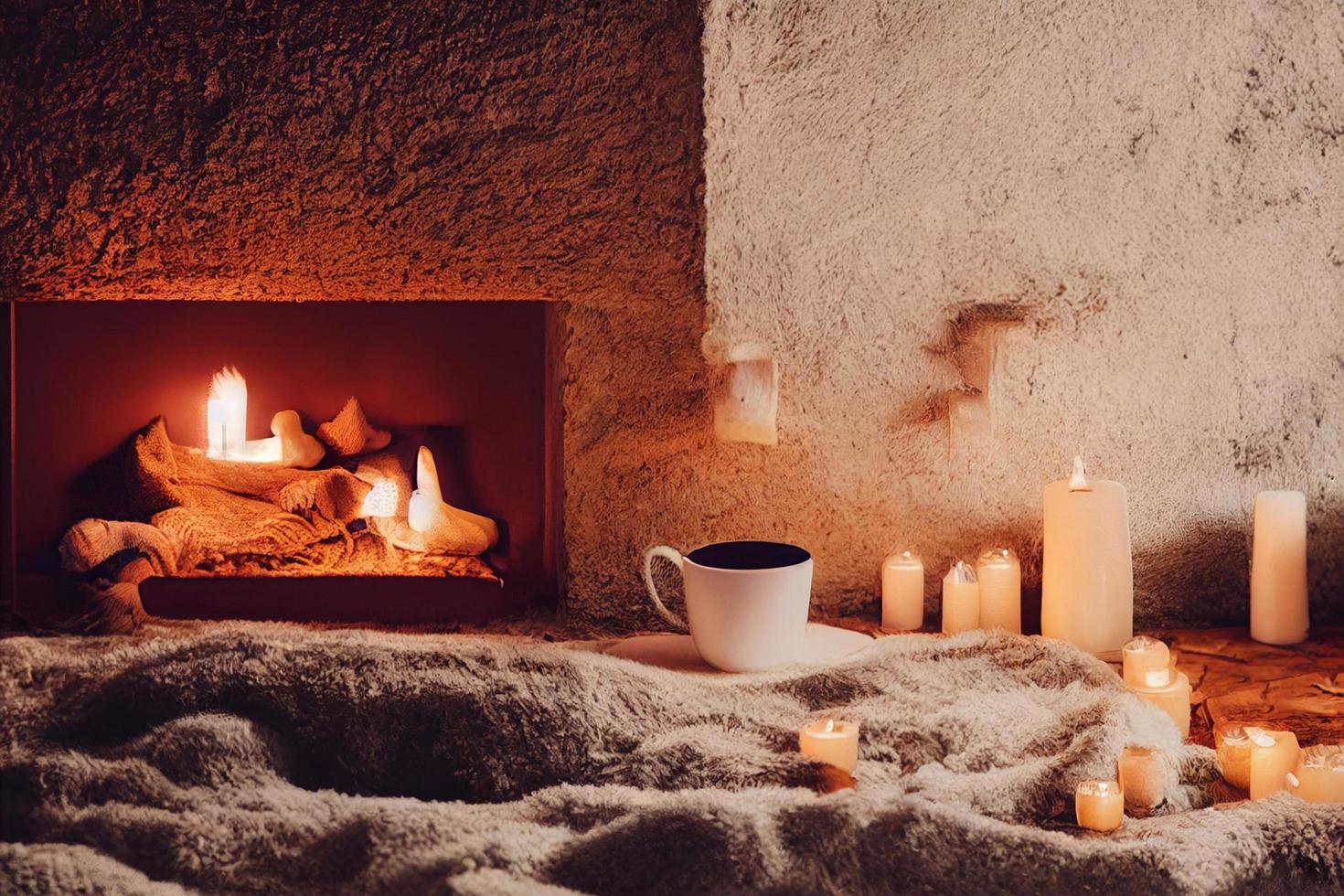 Becher mit heißem Tee und einer Kerze, Wollschal, in der Nähe eines gemütlichen Kamins, Hygge, Home Sweet Home foto