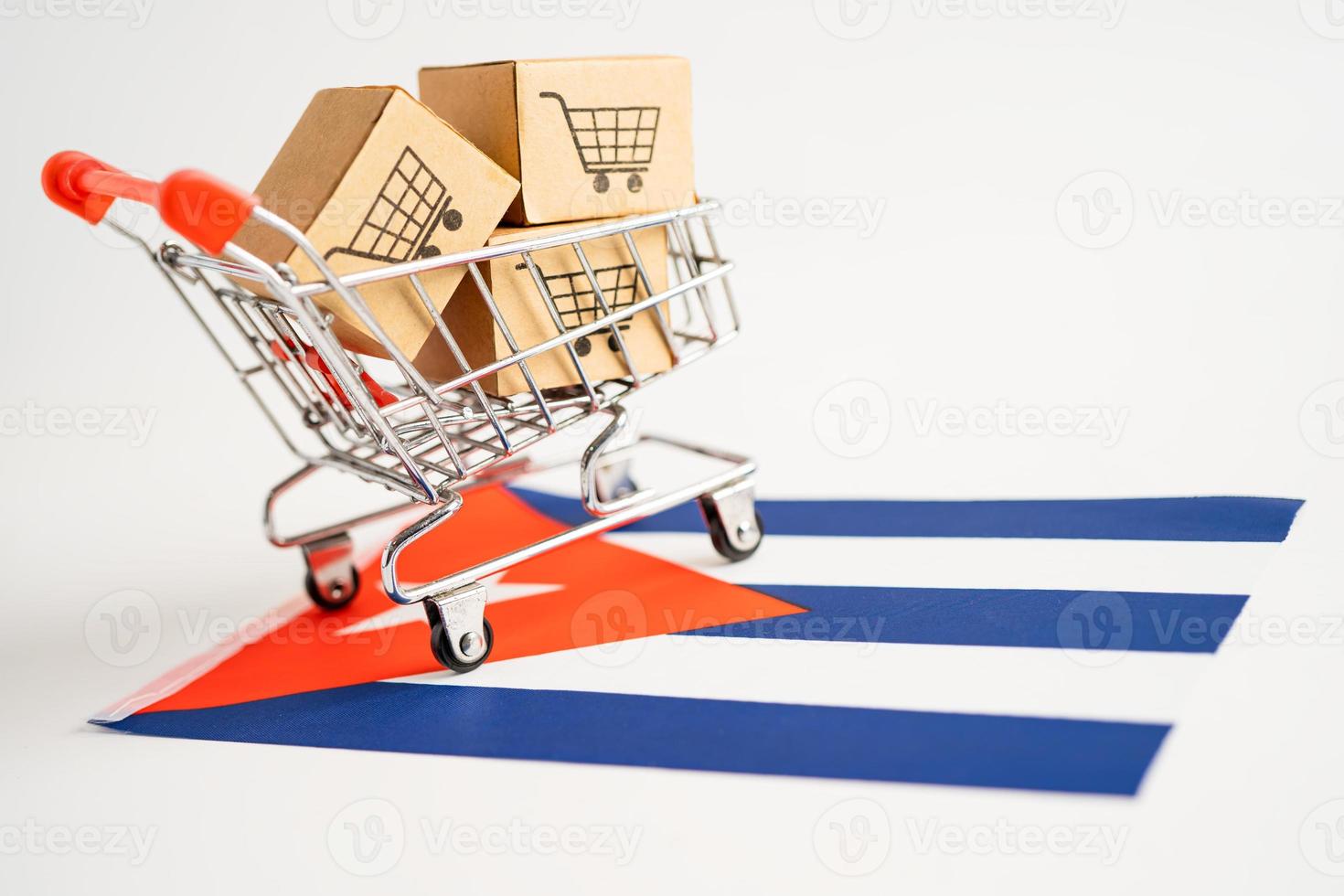 Box mit Einkaufswagen-Logo und russischer Flagge, Import-Export-Shopping online oder E-Commerce-Finanzierungslieferservice Shop-Produktversand, Handel, Lieferantenkonzept. foto