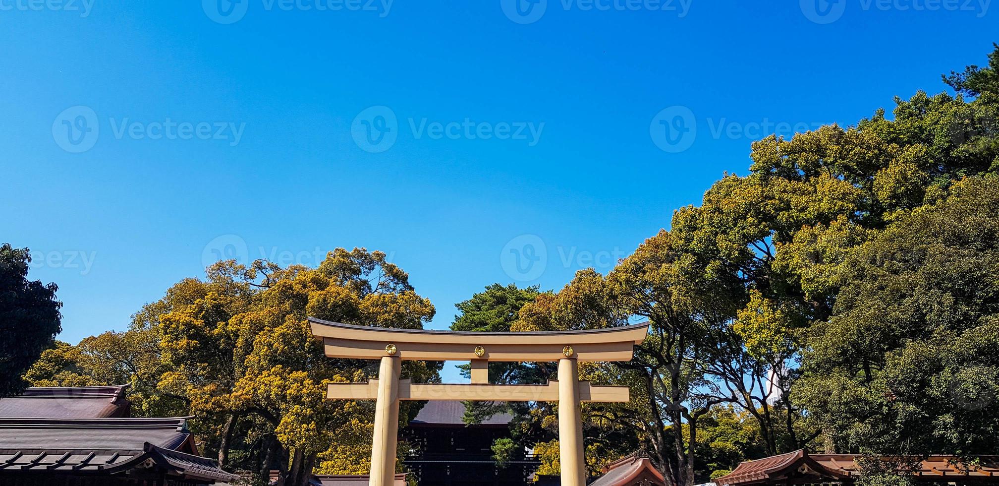 torii-tor am eingang zum meiji-jingu-schrein im stadtwald iat harajuku, tokio. foto