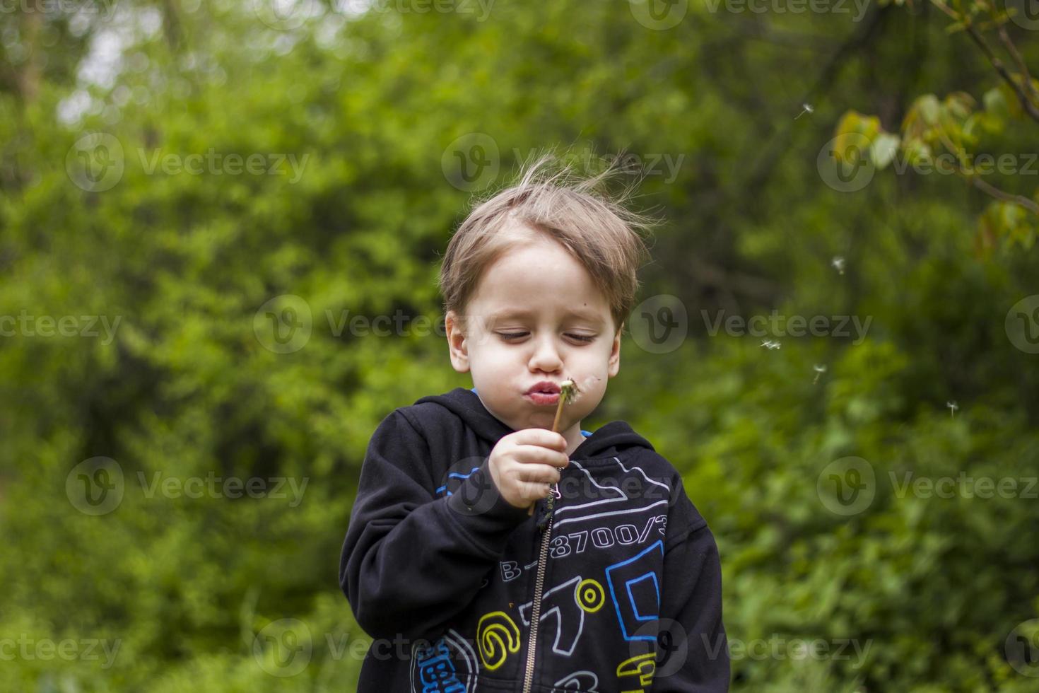 Ein fröhlicher Junge an einem Frühlingstag im Garten bläst auf weißen Löwenzahn, Flusen fliegen von ihm ab. das Konzept der Erholung im Freien in der Kindheit. Porträt eines süßen Jungen. foto