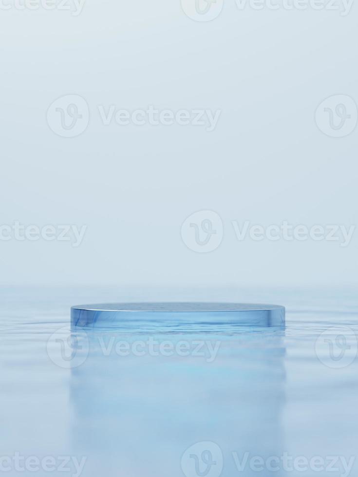 3D-Podium aus blauem Glas auf dem Wasser vor hellblauem Hintergrund. 3D-Rendering einer realistischen Präsentation für Produktwerbung. 3D-Minimaldarstellung. foto