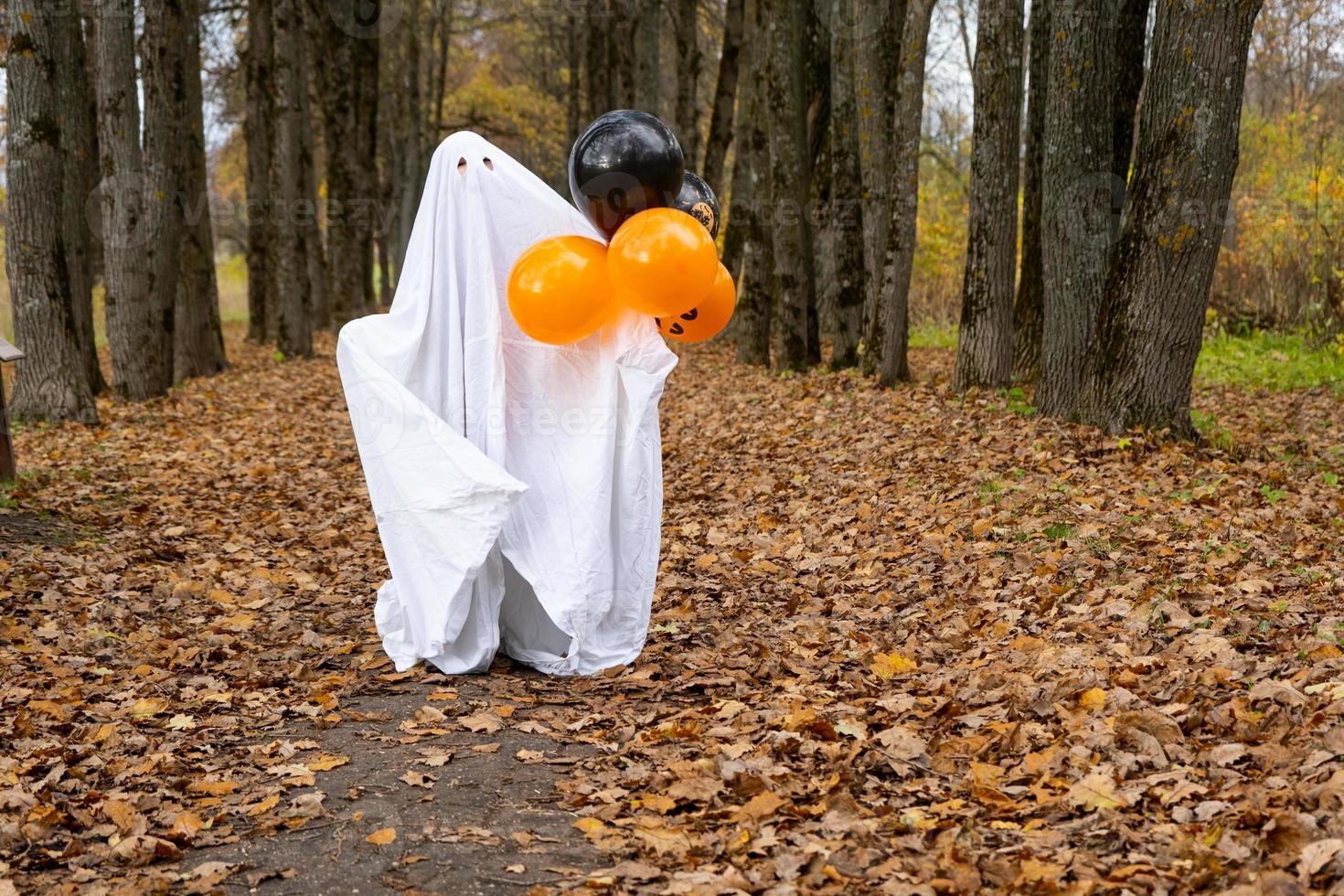 Ein Kind in Laken mit Augenausschnitt wie ein Geisterkostüm in einem Herbstwald erschreckt und erschreckt. ein nettes kleines lustiges Gespenst. Halloween Party foto