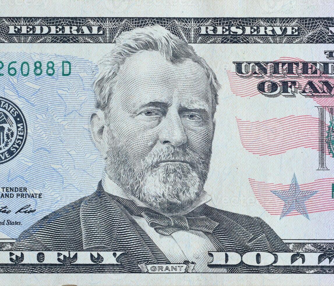 Porträt von US-Präsident Ulysses Simpson Grant auf 50-Dollar-Banknoten-Nahaufnahme-Makrofragment. Vereinigte Staaten fünfzig Dollar Geldschein foto