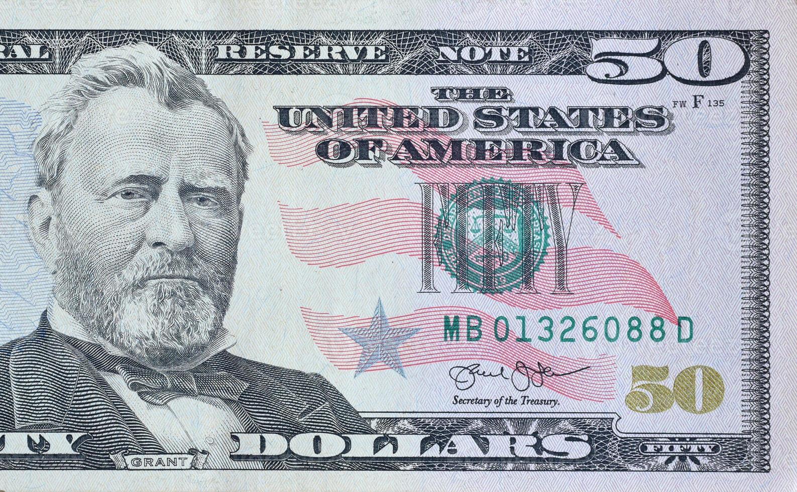 Porträt von US-Präsident Ulysses Simpson Grant auf 50-Dollar-Banknoten-Nahaufnahme-Makrofragment. Vereinigte Staaten fünfzig Dollar Geldschein foto