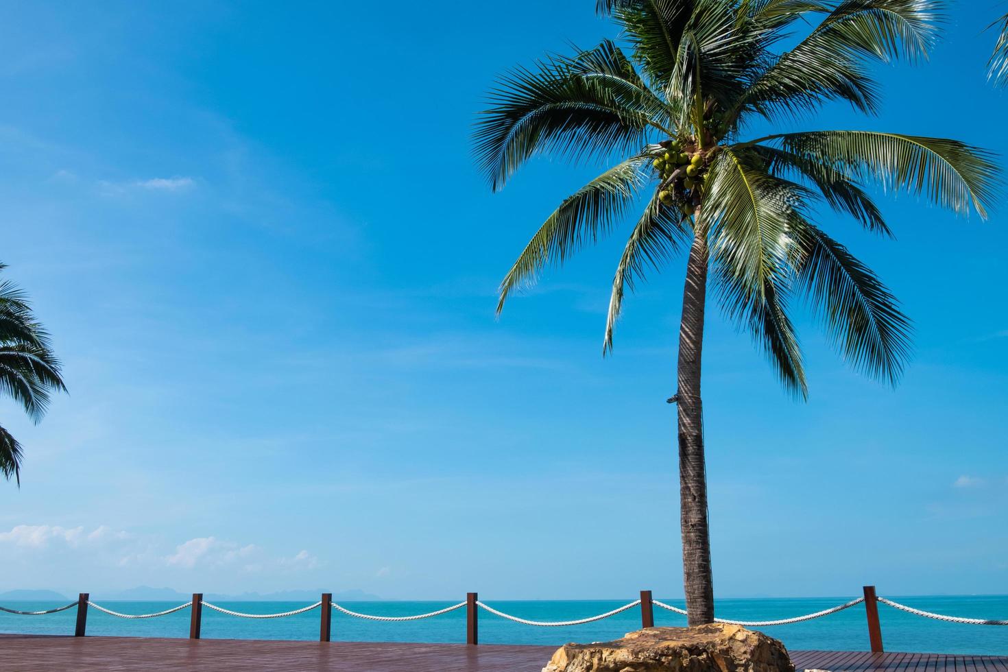 Außenaufnahme einer wunderschönen Strand-Ozean-Landschaft mit Holzdeck-Weg neben dem Meer und der Kokospalme. mit klarem blauem Himmel, Wolken und Insel. tropische Landschaft für Ferien. mit Freiraum foto