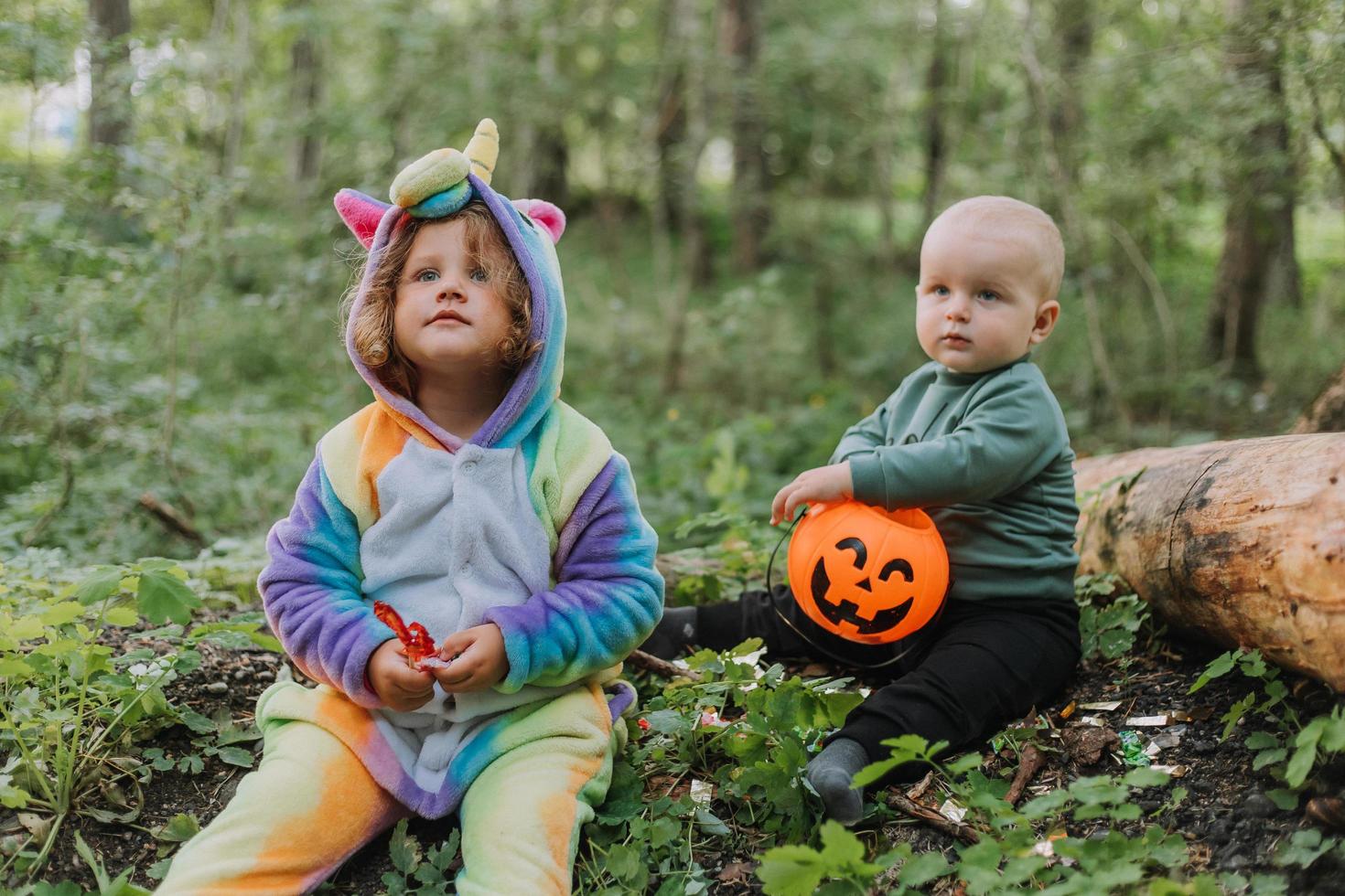 Zwei Kinder gehen mit einem Korb voller Halloween-Süßigkeiten im Wald spazieren foto