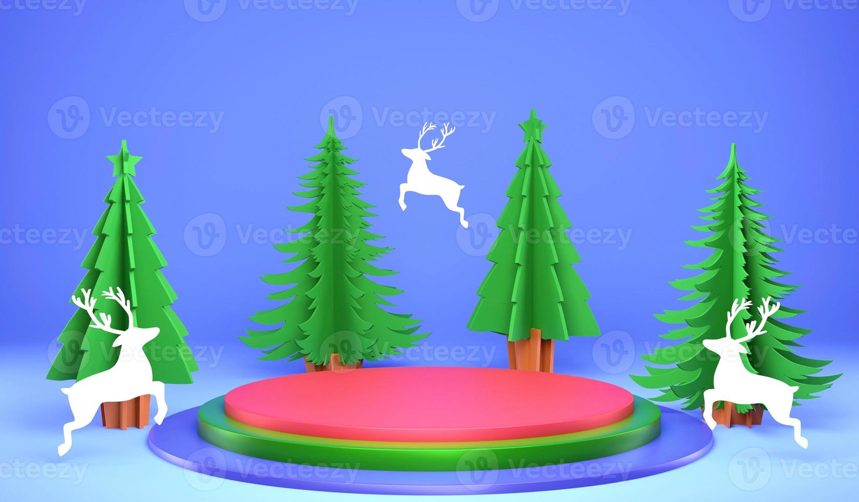 3D-Rendering Weihnachtsschmuck und Podium auf blauem Hintergrund, 3D-Illustration Weihnachtsbaum und Regenhirsch Papercut-Stütze foto