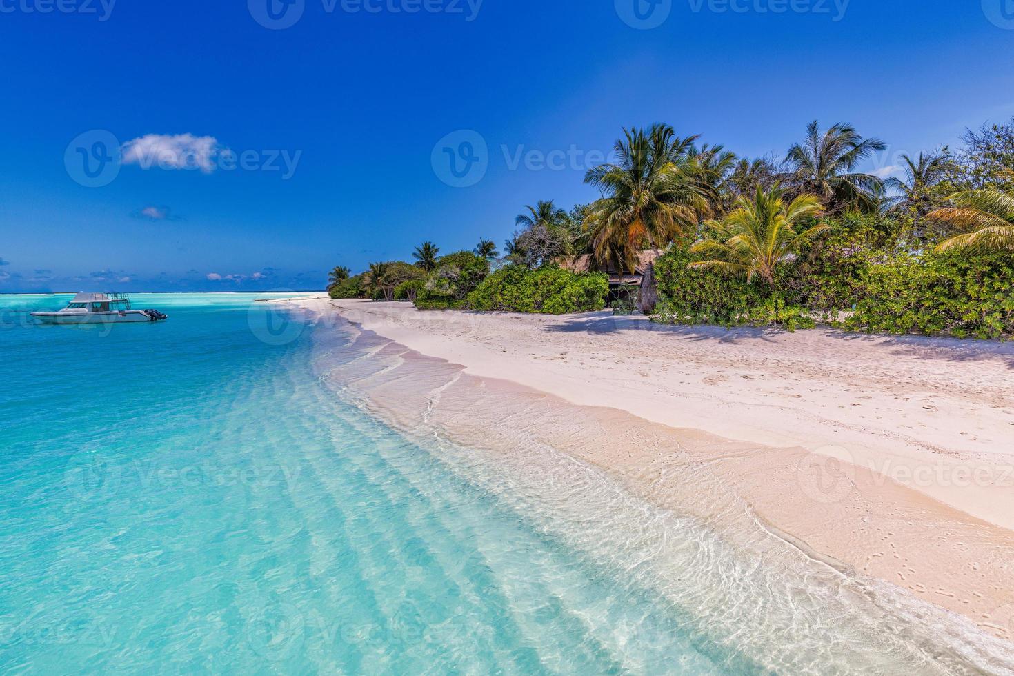 Insel Palmen Meer Sandstrand. exotische Strandlandschaft. Inspirieren Sie den Horizont der tropischen Strandlandschaft. sonnig blauer himmel schön entspannen ruhig sommerstimmung. urlaubsreisen urlaubsbanner, luxusziel foto