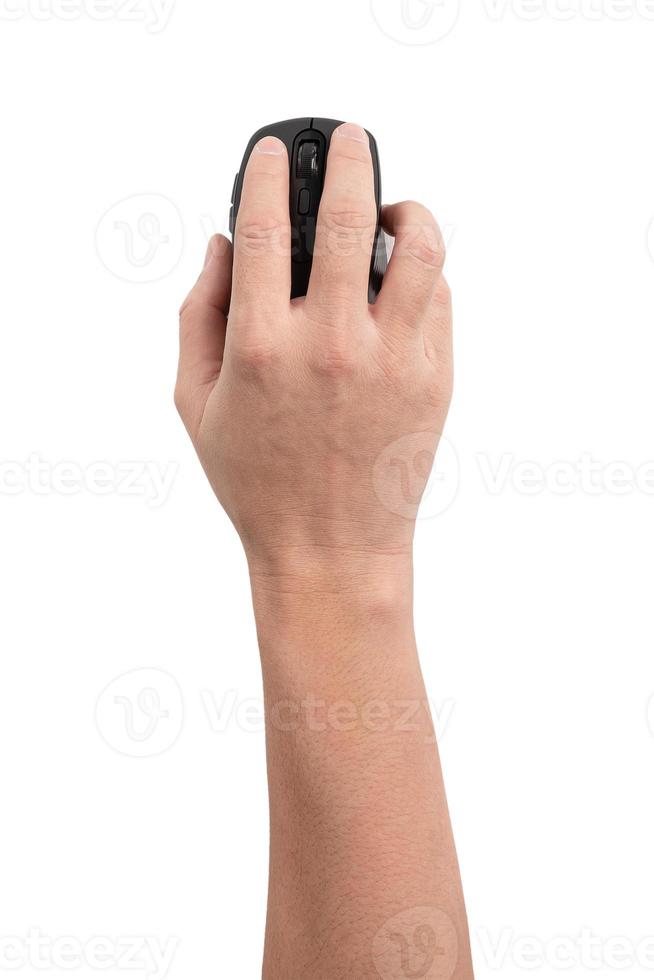 Nahaufnahme der Hand mit drahtloser Computermaus, um die notwendigen Informationen auf weißem Hintergrund zu finden, Ansicht von oben. foto